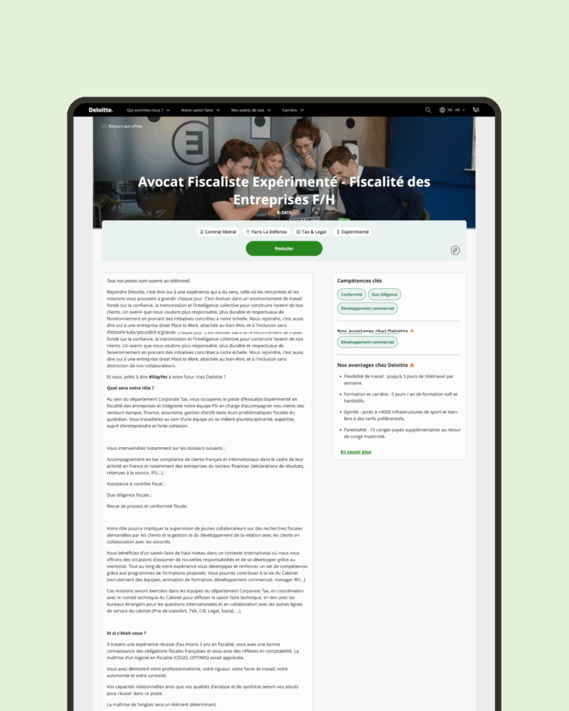 Maquette desktop d'une page offre de recrutement designé par Hops Agency