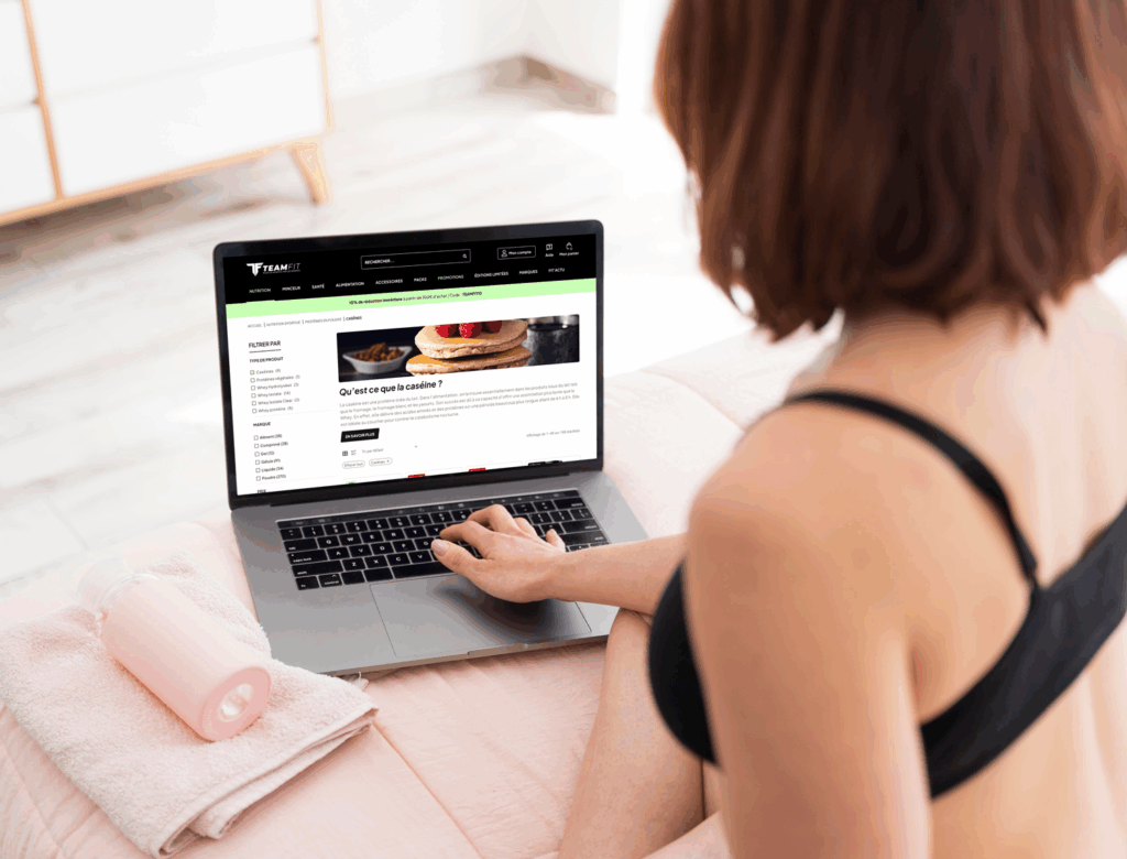 Mockup desktop du site e-commerce Teamfit, spécialiste de la nutrition sportive, conçu par Hops Agency