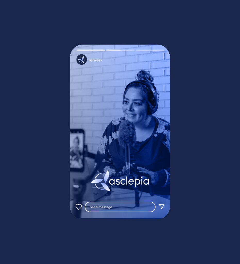 Mockup d’une story Instagram montrant le logo Asclepia avec une étudiante en interview