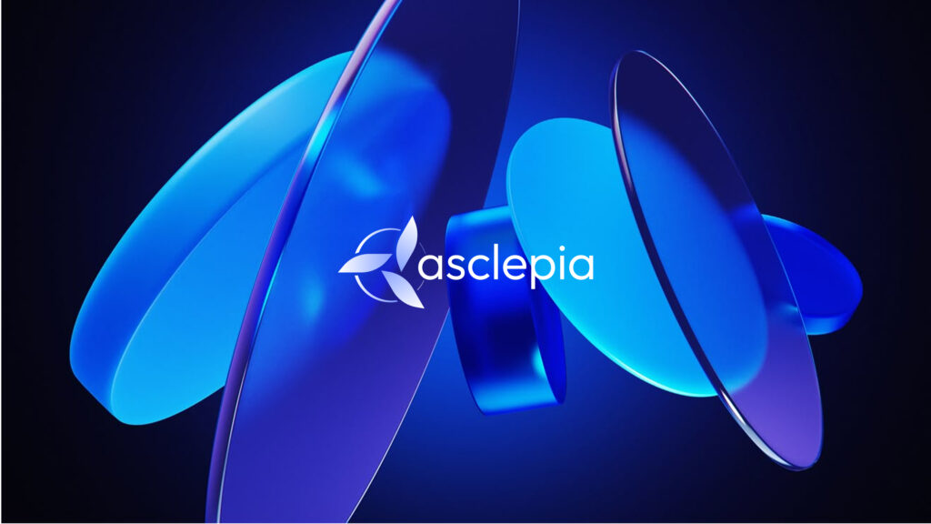 Logo asclepia par Hops Agency appliqué sur un fond de couleur bleu avec motif médical