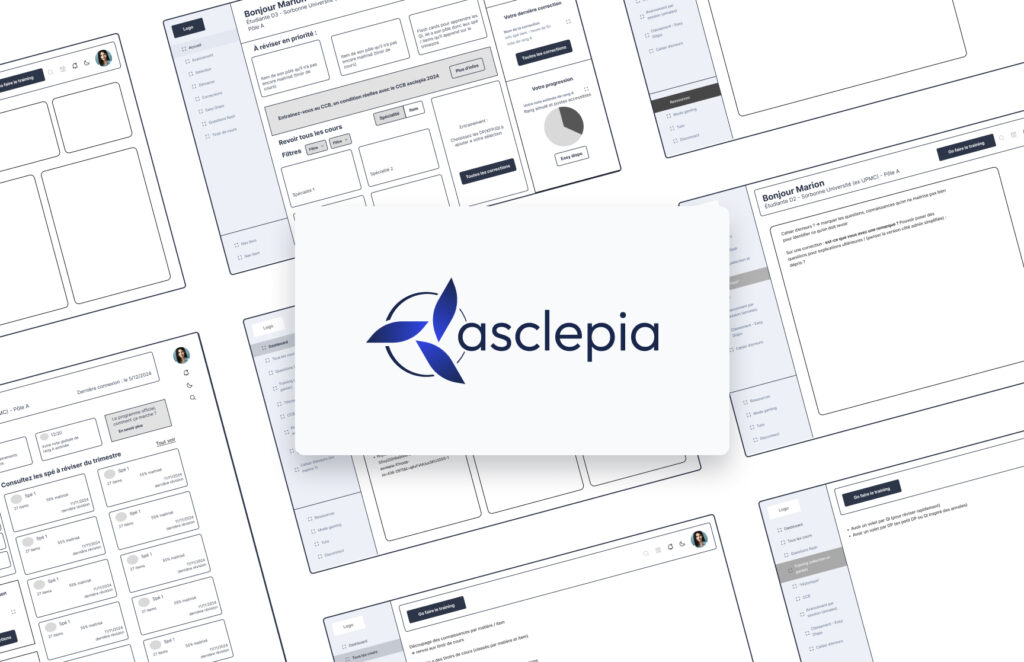 Logo Asclepia conçu par Hops Agency avec arrière-plan de maquettes low fidelity