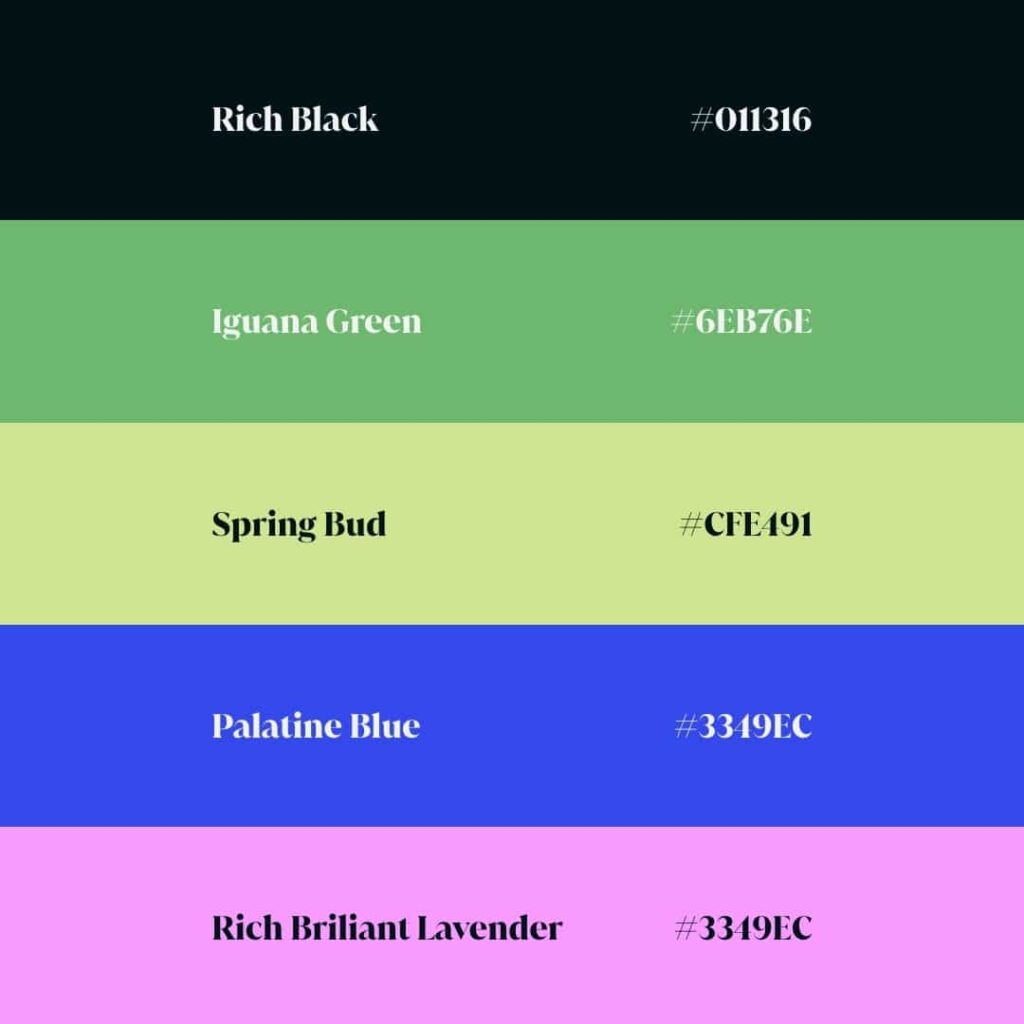 Palette graphique de Vert Ailleurs conçue par Hops Agency, présentant les couleurs principales de l’identité visuelle